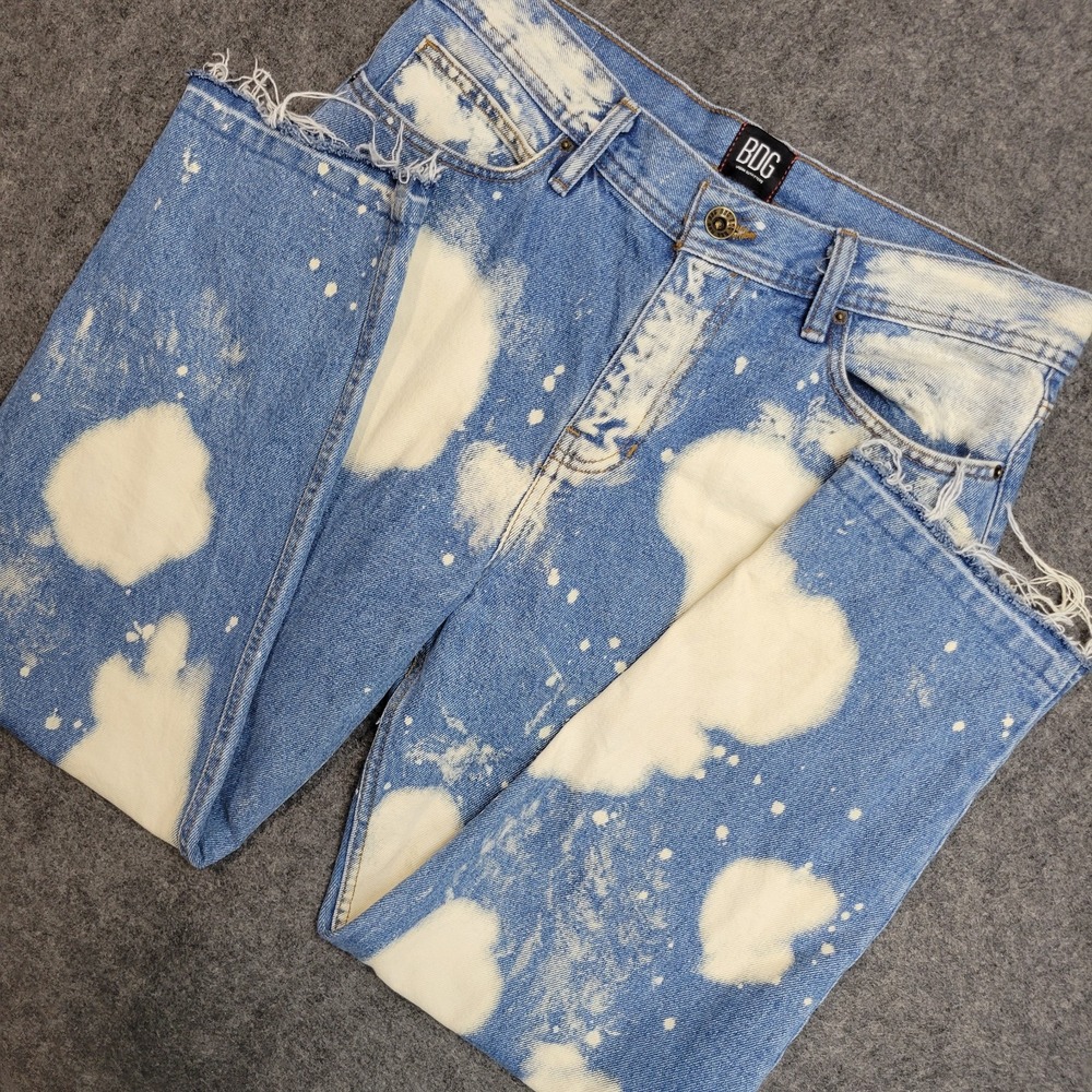 BDG Jeans Mens 31x32 Blue Bleach Splatter Raw Hem Cropped Straight Leg Y2K